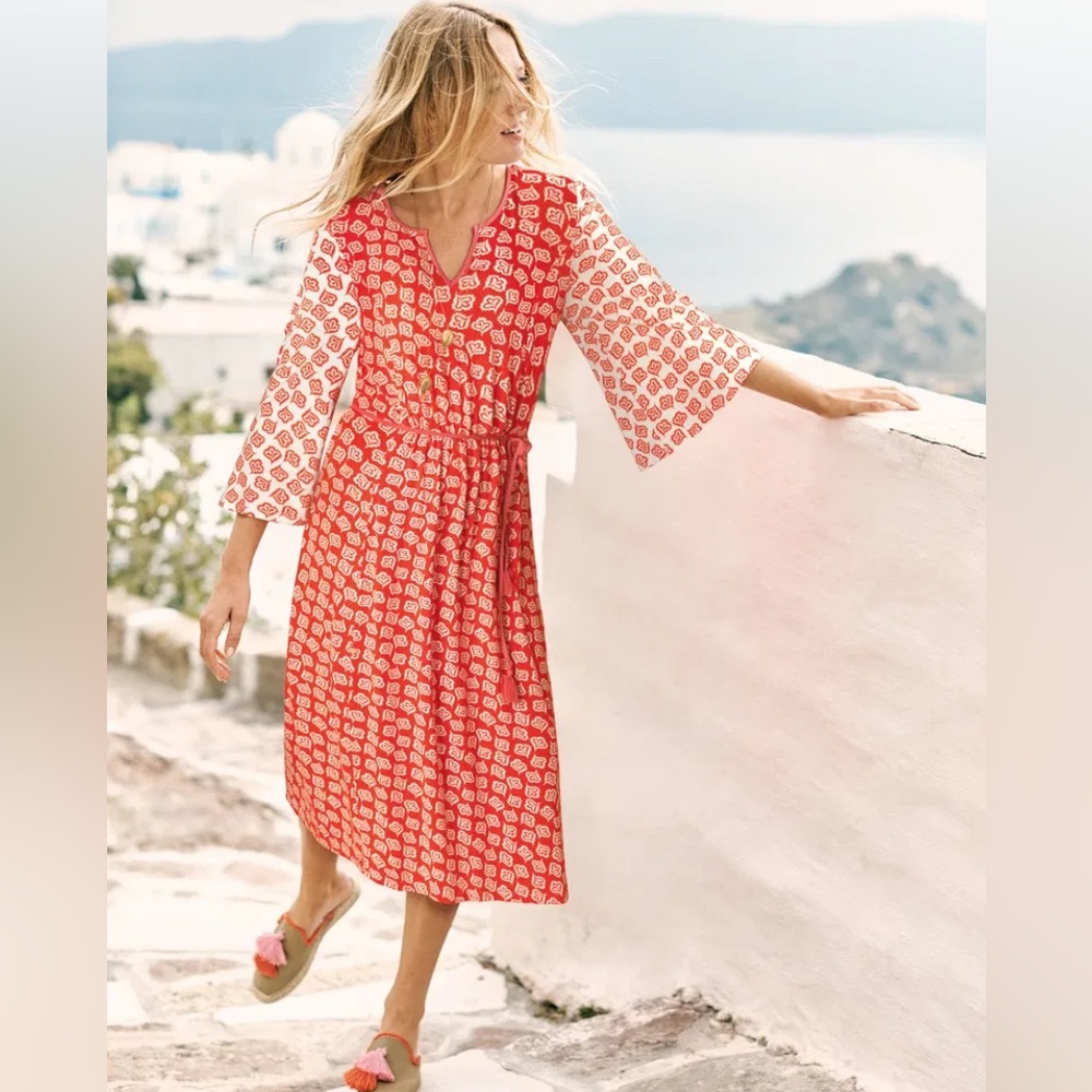 BODEN Bella Jersey Knit Midi Dress Size 8R Belted Fit & Flare Floral Casual Red